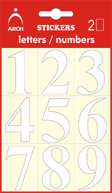 Čísla bílá 0-9, výška 38 mm - 2 archy v blistru
