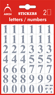 Čísla stříbrná 0-9, výška 14 mm - 2 archy v blistr