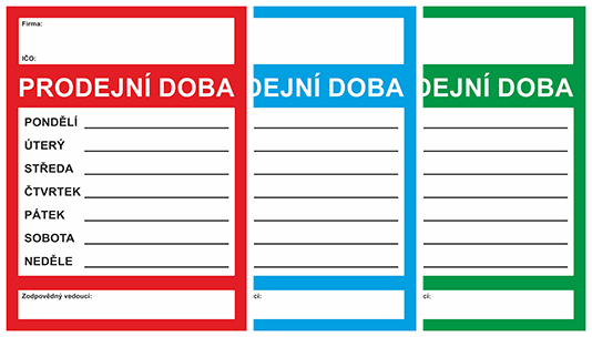 PRODEJNÍ DOBA A4 - plast. cedulka - MIX po 3 ks