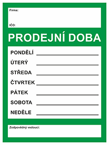 PRODEJNÍ DOBA A4 - plast. cedulka - zelená